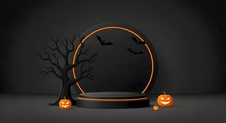 Halloween themed podium with bats, pumpkins, and a spooky tree on a dark background setting