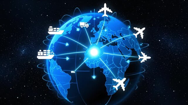 Global transportation network enhances connectivity through logistics, shipping, and trade, showcasing digital globe with airplanes and trucks across continents for seamless global communication