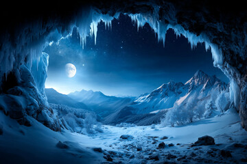 Cold winter night scene with ice textures and peaks