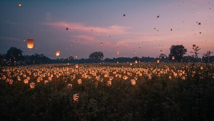 Glowing ground paper lanterns and drifting sky lanterns filling meadow at dusk, with wild grasses