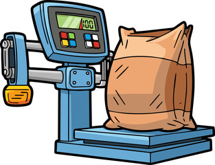 Cartoon Illustration of a Bag on a Digital Weighing Scale.