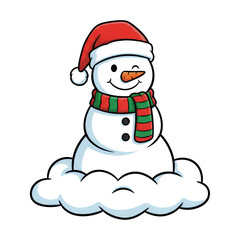 Illustration of a snowman wearing a Santa Claus hat and scarf standing on a cloud-shaped cotton ball. Isolated on a white background.