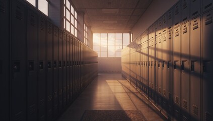 Showing empty school corridor reflecting sunlight, with metal lockers, grid windows and floor mat