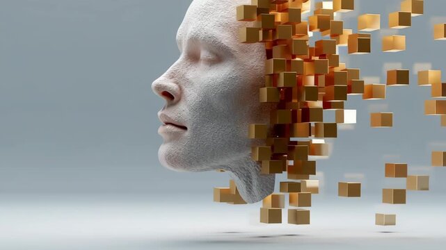 Abstract representation of a human face dissolving into cubes, showcasing a dynamic transformation, with smooth camera movement capturing the gradual disintegration and flow of elements in a surreal s