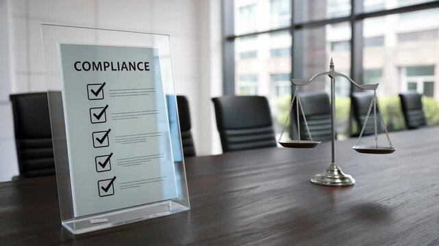 Modern office compliance checklist and balance scale for business law and regulations