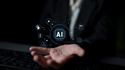 Artificial Intelligence (AI) as a core technology. A concept of an AI ecosystem powering data analysis, machine learning, and global networks. Motif