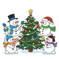 Illustration of a snowman family with their two children celebrating Christmas. Isolated on a white background.