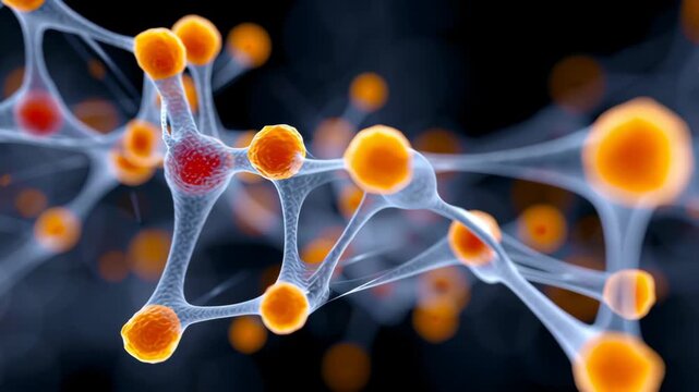 Dynamic molecular structure showcasing vibrant orange and red particles interconnected by translucent filaments, illustrating scientific concepts, with a gradual zoom in enhancing visual depth and det