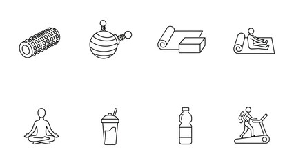 Fitness Essentials: A collection of line art icons showcasing vital fitness elements, illustrating a holistic approach to wellness. These icons represent exercise, relaxation, and healthy choices.