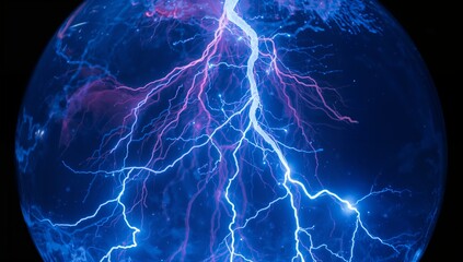 Glowing glass plasma globe emitting vibrant blue and purple arcs in dimly lit interior, vivid show