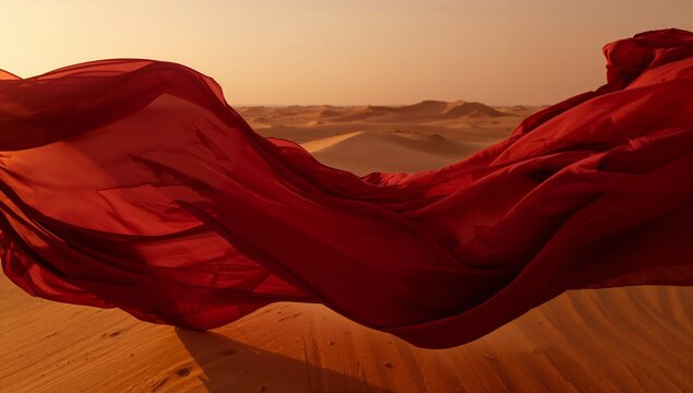 Billowing translucent red fabric undulating over golden desert dunes at sunset, dramatic folds - Powered by Adobe