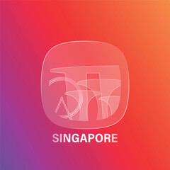 Singapore: icon and logo prototype with glass liquid effect. Flat emblem with shapes of landmarks. Concept for mobile app, sticker, web element.
