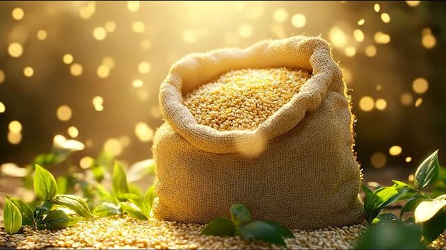 A burlap sack overflows with golden grains, surrounded by lush green plants and soft, diffused light