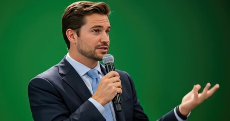confident businessman in a formal suit and tie giving a speech with a microphone against a green background. - Powered by Adobe