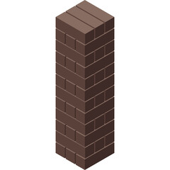 Brown brick tower standing tall on a pure white background with a simple geometric isometric perspective indicating construction and height on a transparent canvas