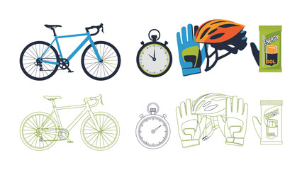 Cycling Essentials: A meticulously crafted collection showcasing the fundamental components essential for cycling. Explore the precision of a stopwatch, the protection of a helmet and gloves.