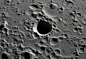 Vast, shadowed lunar crater, rugged terrain, impact debris, moon surface, exploration