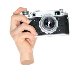 Women hand holds a retro photo camera, isolated on transparent background, front view, retro things...