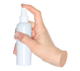 Woman hands holding a white spray bottle, isolated on transparent background close-up, template for cosmetics ads. Contemporary art