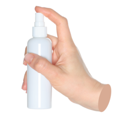 Woman hands holding a white spray bottle, isolated on transparent background close-up, template for cosmetics ads. Contemporary art