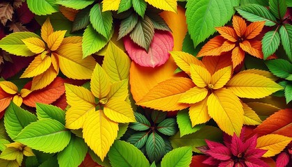 Fototapeta premium Vibrant green leaves arranged in a layered, overlapping collage, macro, foliage