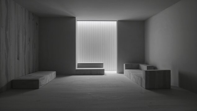Vertical illuminated panel glowing in minimalist gallery, with concrete benches, wood wall paneling - Powered by Adobe