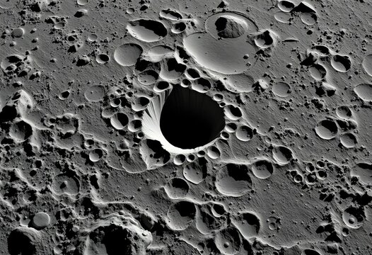Vast, shadowed lunar crater, rugged terrain, impact debris, moon surface, exploration