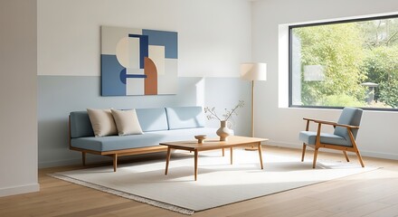 mid century modern minimalist living room with pale blue and oak palette