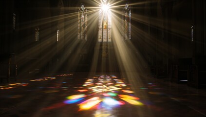Central stained glass window radiating golden rays across stone floor in church, with wooden pews