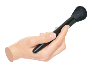 Woman hand holds black cosmetics brush, isolated on transparent background, cosmetics and visage concept. Contemporary art