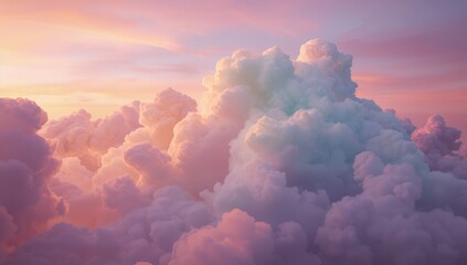 Glowing cumulus clouds gliding across serene high-altitude sky, with pastel sunrise hues