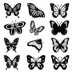 Elegant black and white butterfly silhouette vector set featuring minimal line art designs. Perfect for invitations; baby showers; spring decor; and creative projects