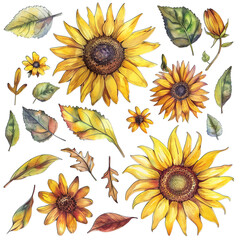 Beautiful Set of Sunflowers with Bright Yellow Petals