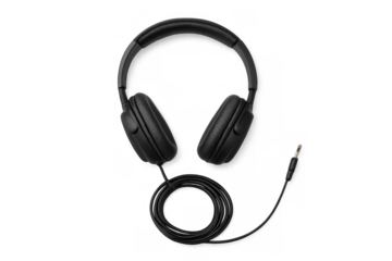 Black over-ear headphones with coiled audio cable and jack plug on transparent background, enjoying music and sound