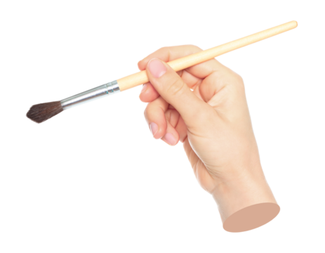 Woman hand holds paint brush, isolated on transparent background, painting and design concept. Contemporary art