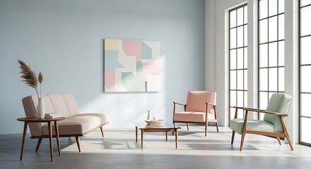 minimalist living room design in mid century modern style with pastel color tones