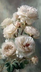Obraz premium A large bouquet of lush white roses with delicate petals, executed in the style of an oil painting. This composition creates a romantic atmosphere. A painting for a modern interior.