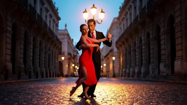 Couple Dancing Tango on Cobblestone Street at Night