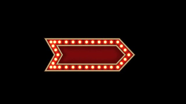 Red arrow frame gold light retro advertising sign on transparent background. Alpha channel