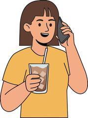Design woman drinking coffee while on phone call illustration cartoon character iced coffee beverage communication verctor art illustration png