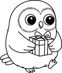 Cartoon Owl Holding a Gift Line Art