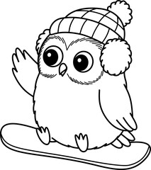 Cartoon Owl Snowboarding With Winter Hat