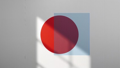 Soft diagonal shadows creating glow on translucent blue square overlapping red circle on white wall