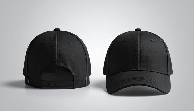 Minimalist mockup featuring a black baseball cap shown from both front and back views, placed on a neutral gray background with soft lighting to highlight the hat&rsquo;s texture, shape, and stitching detai