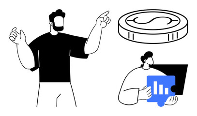Man gesturing toward coin icon, teammate holding puzzle piece with graph. Ideal for finance, collaboration, business analysis, teamwork, strategy, growth education. Simple flat metaphor