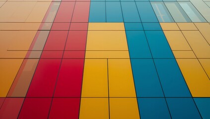 Displaying facade featuring colored panels and mirrored windows at city street, with dark gridlines