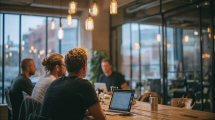 Collaborative Team Meeting in Modern Office with Natural Light and Industrial Design Elements