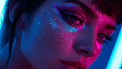 Showcasing model's face glistening under studio neon tubes, with water droplets and winged eyeliner
