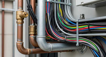 Electrical wiring in building, showcasing organized conduits and cables. Electrical wiring system is essential for safe power distribution throughout building.