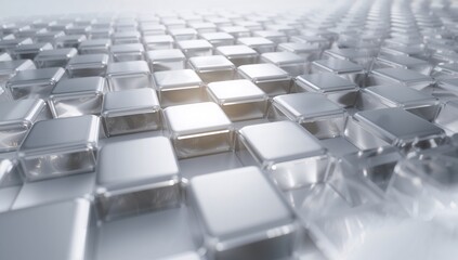 Shining reflective cube grid revealing depth in abstract digital scene, with rounded glossy edges